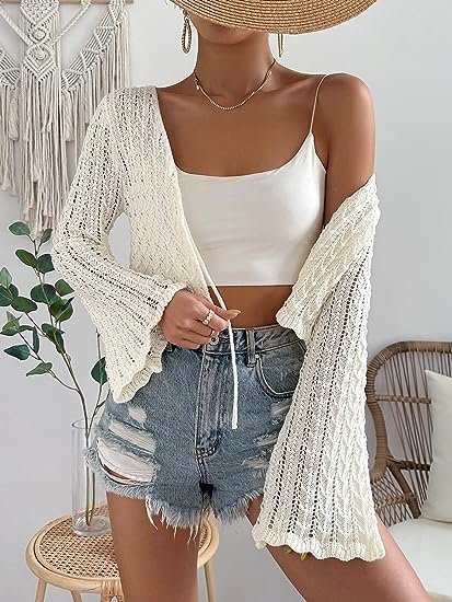 Women's Tie Front Tops Bell Long Sleeve Knit Crochet Cardigan Crop Top